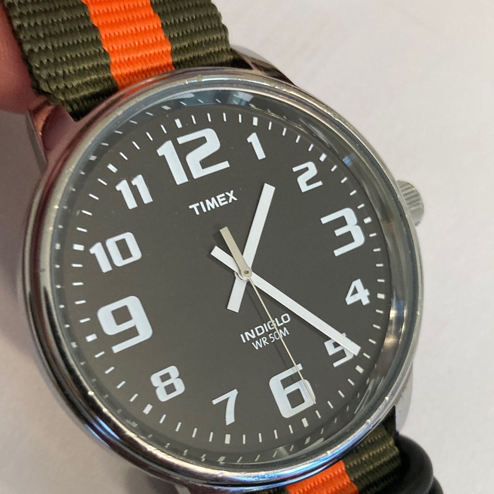 Timex Indiglo watch, black dial, new olive green and orange striped nato strap - Picture 8 of 11
